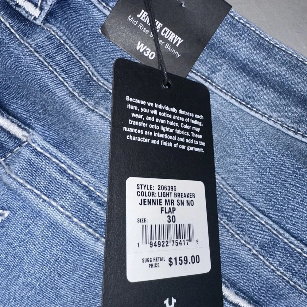 True Religion Womens Jennie MR SN‎ No Flap Blue Mid Rise SUPER SKINNY SZ 30NWT